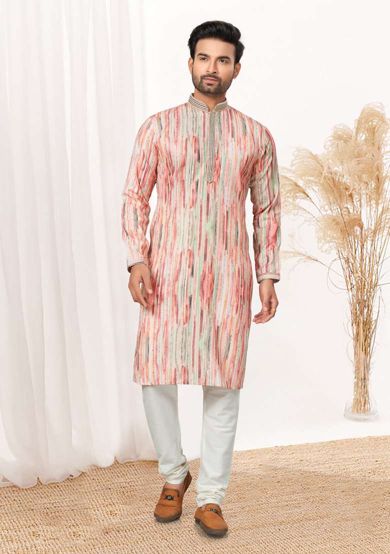 Pink Printed Cotton Kurta Set For Men - Indya