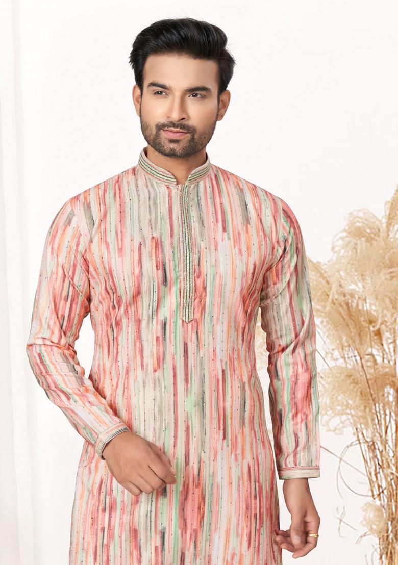 Pink Printed Cotton Kurta Set For Men