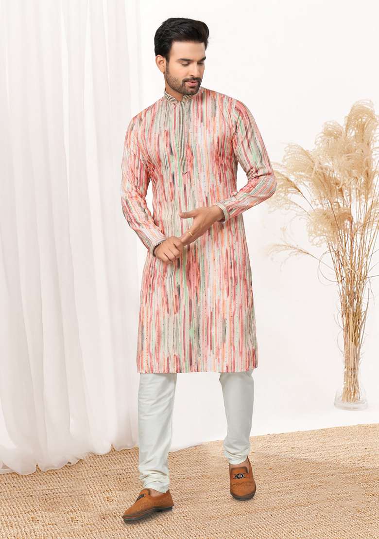 Pink Printed Cotton Kurta Set For Men - Indya
