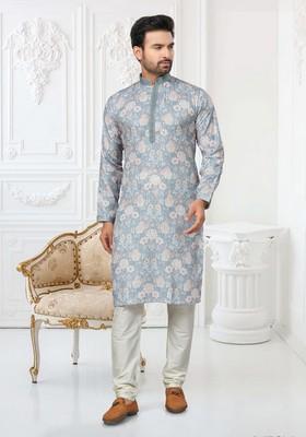 Sky Blue Printed Cotton Kurta Set For Men