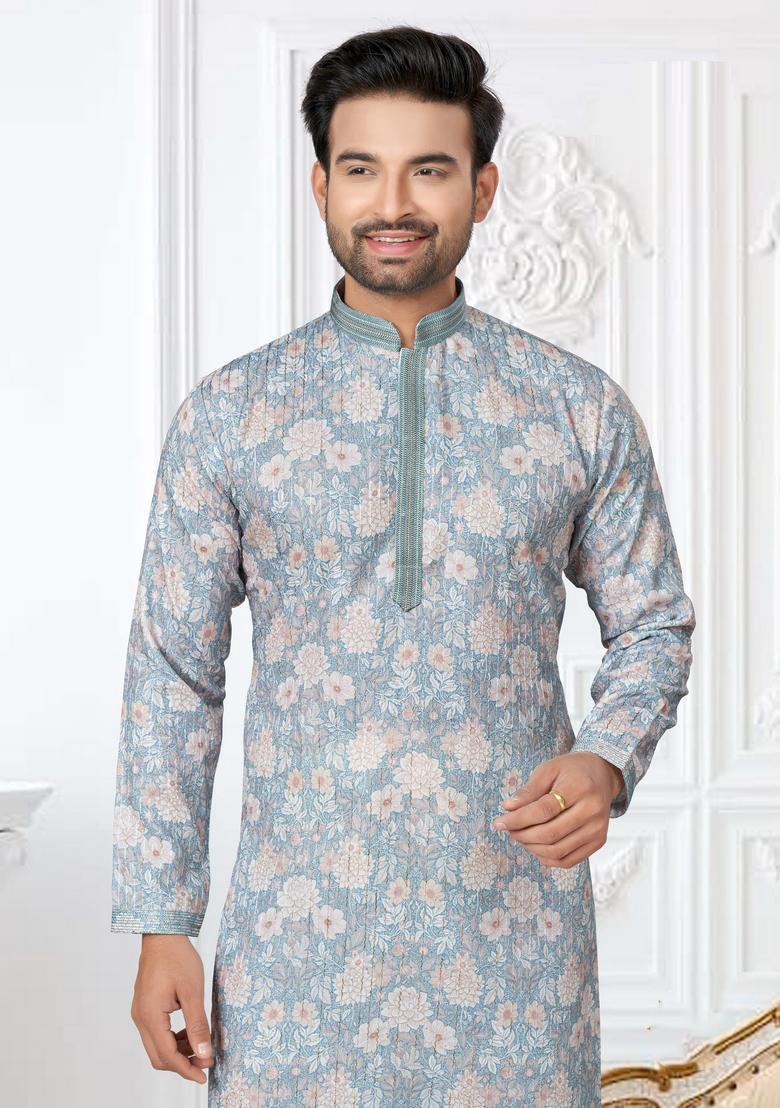 Sky Blue Printed Cotton Kurta Set For Men