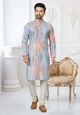 Multicolour Printed Cotton Kurta Set For Men
