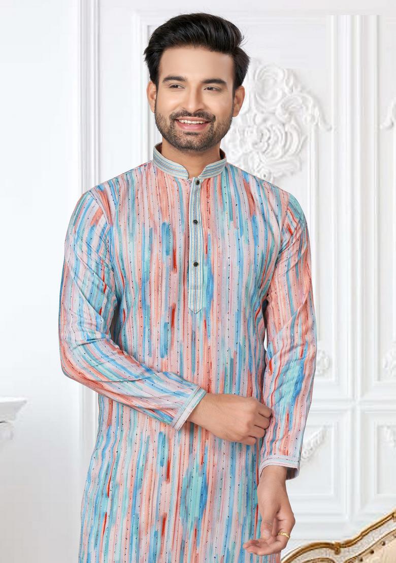 Multicolour Printed Cotton Kurta Set For Men