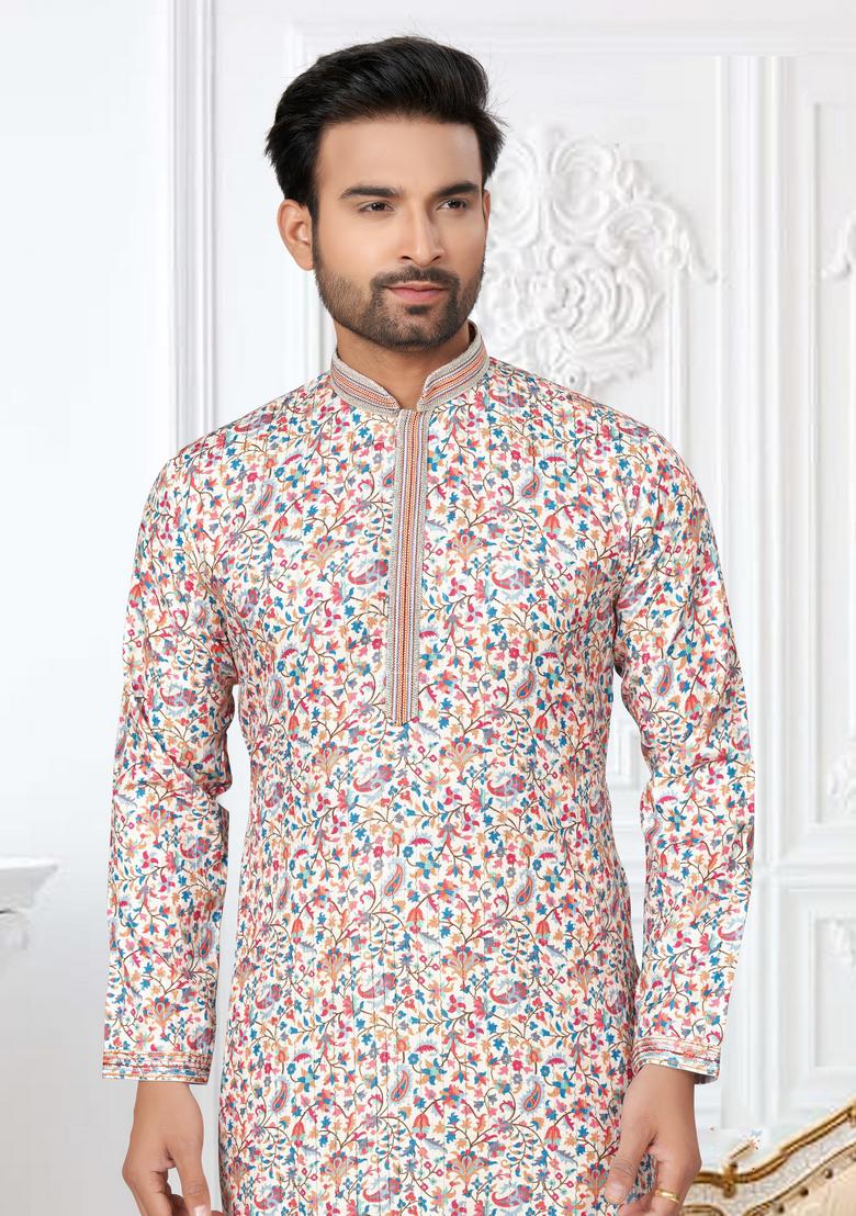 Multicolour Printed Cotton Kurta Set For Men