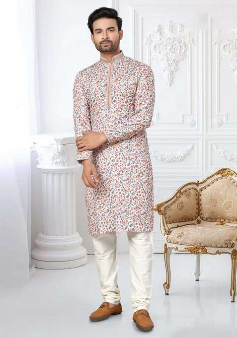 Multicolour Printed Cotton Kurta Set For Men