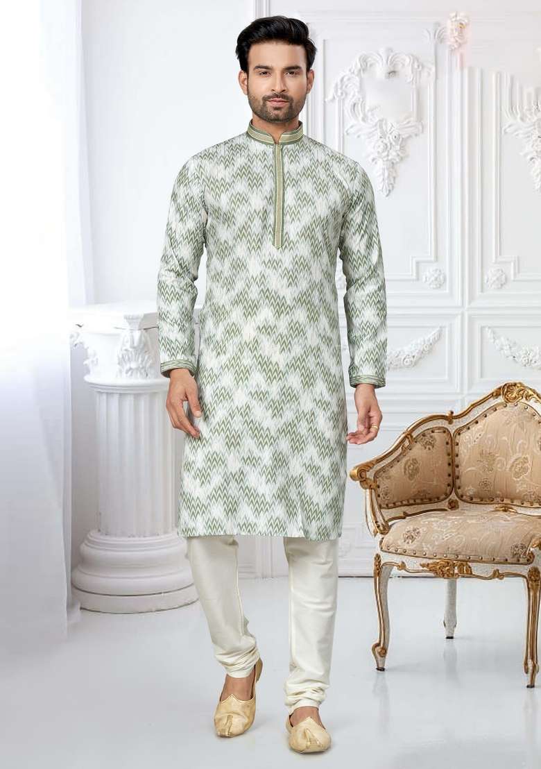 Green Printed Cotton Kurta Set For Men - Indya