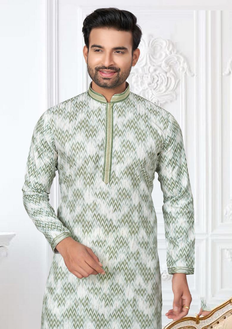 Green Printed Cotton Kurta Set For Men