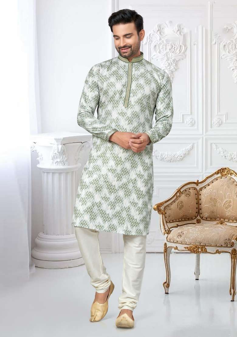 Green Printed Cotton Kurta Set For Men - Indya