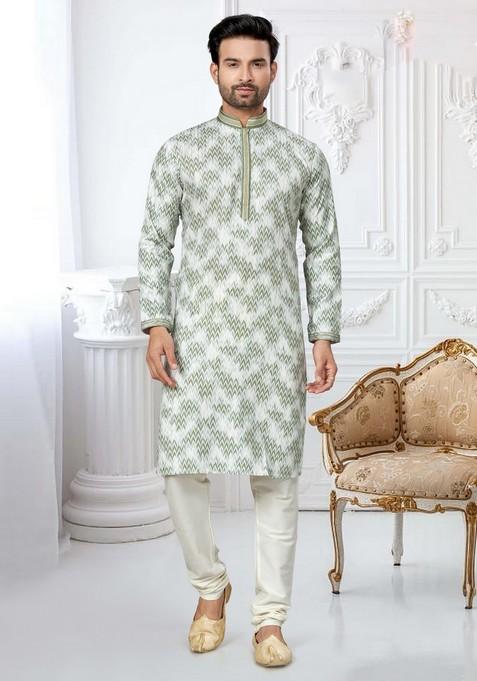 Green Printed Cotton Kurta Set For Men