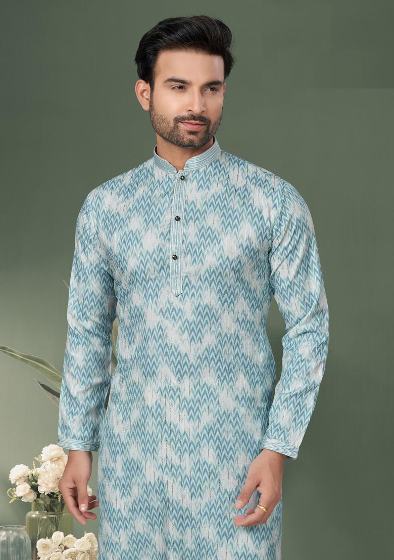 Sky Blue Printed Cotton Kurta Set For Men