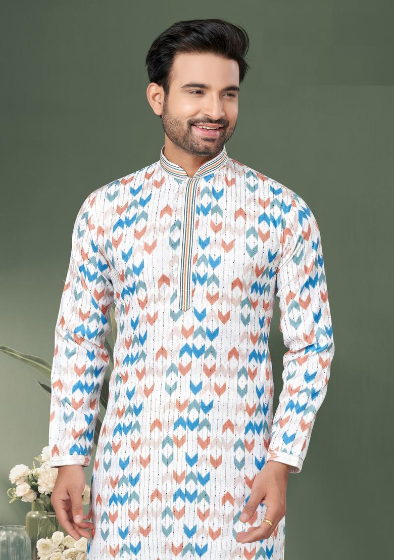 Multicolour Printed Cotton Kurta Set For Men