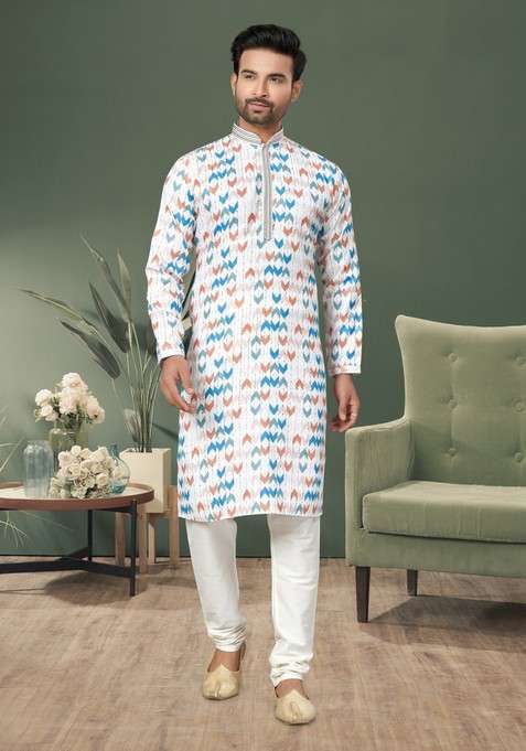 Multicolour Printed Cotton Kurta Set For Men