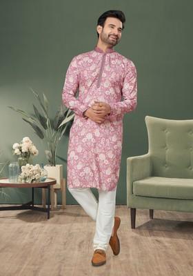 Pink Printed Cotton Kurta Set For Men