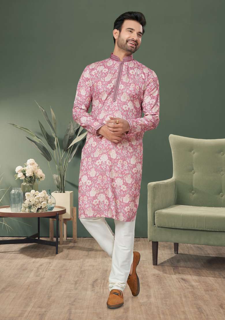 Pink Printed Cotton Kurta Set For Men - Indya