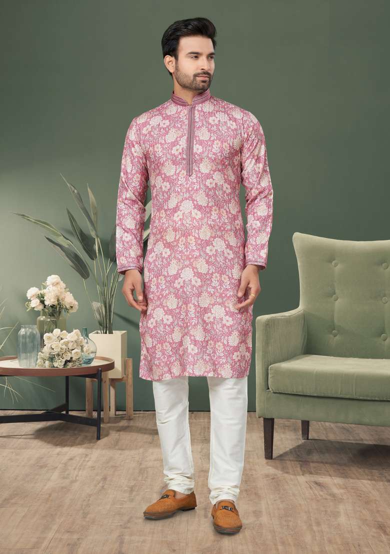 Pink Printed Cotton Kurta Set For Men - Indya
