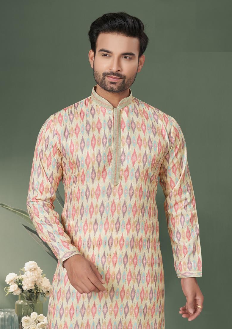Multicolour Printed Cotton Kurta Set For Men