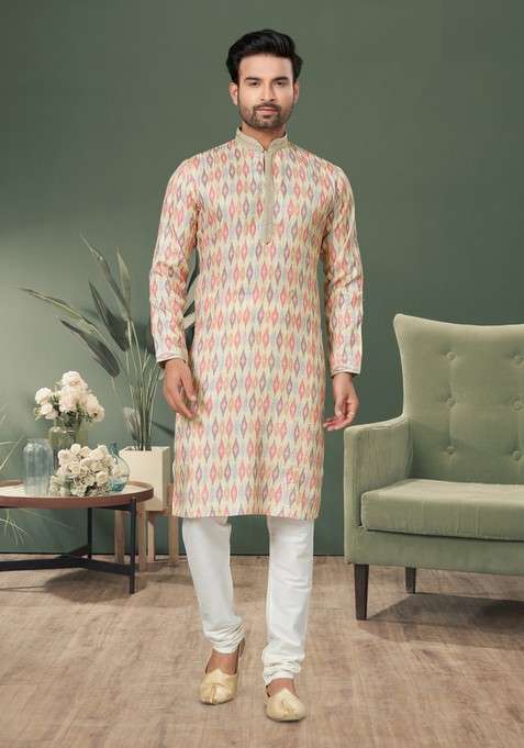 Multicolour Printed Cotton Kurta Set For Men