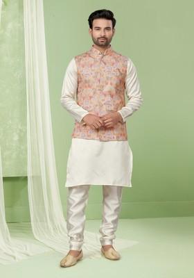 Peach Printed Silk Nehru Jacket Set For Men