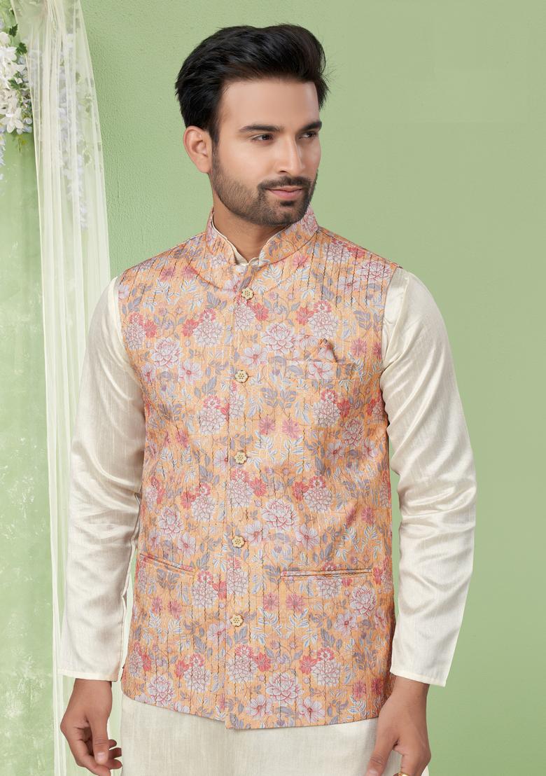 Peach Printed Silk Nehru Jacket Set For Men