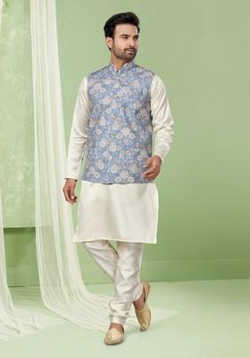 Blue Printed Silk Nehru Jacket Set For Men