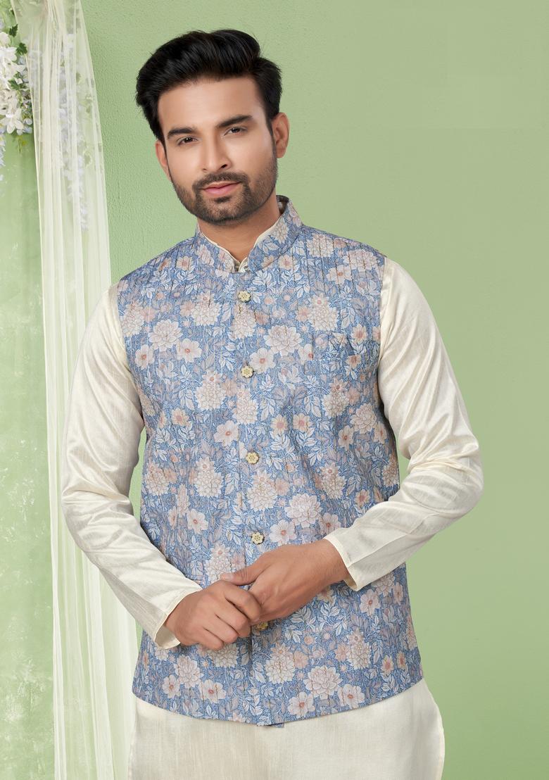 Blue Printed Silk Nehru Jacket Set For Men