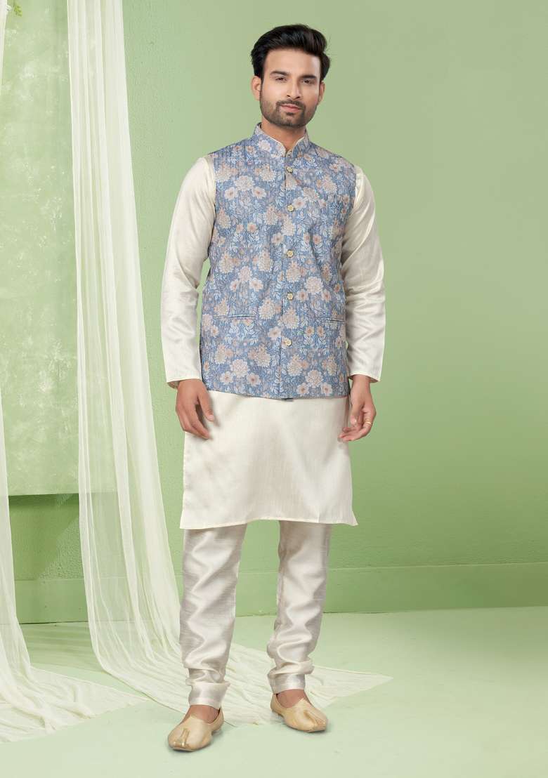 Blue Printed Silk Nehru Jacket Set For Men - Indya