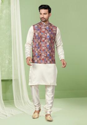 Multicolour Printed Silk Nehru Jacket Set For Men