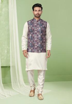 Multicolour Printed Silk Nehru Jacket Set For Men