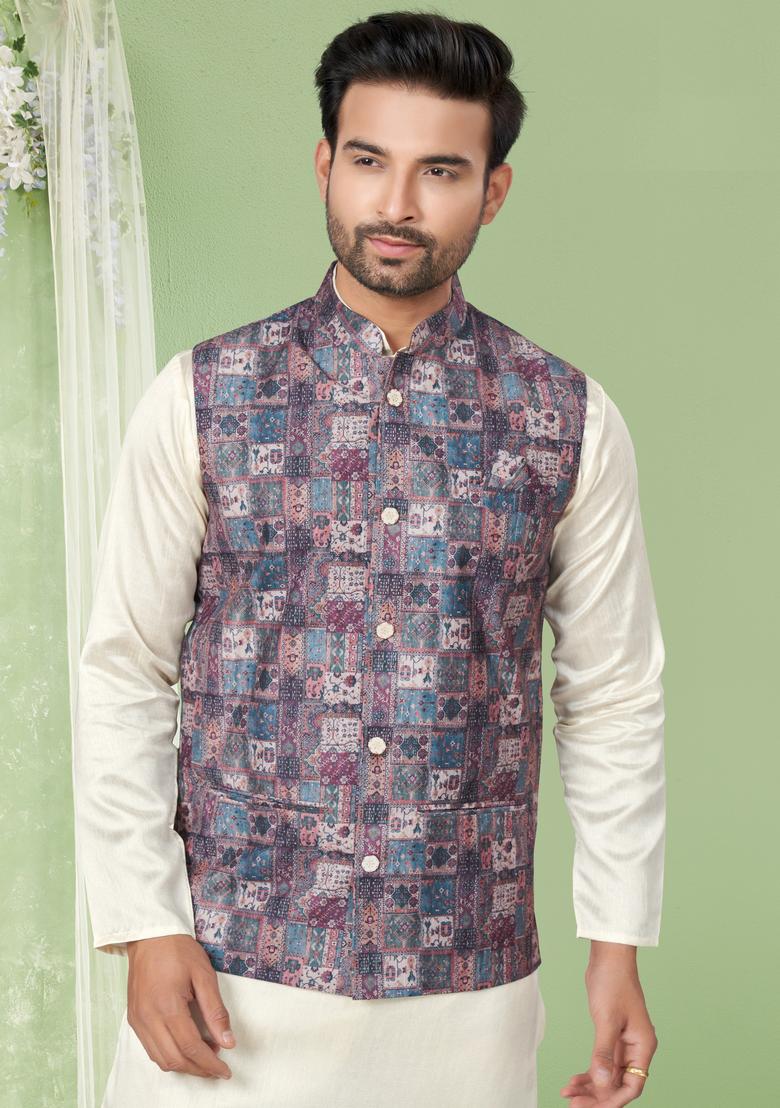 Multicolour Printed Silk Nehru Jacket Set For Men