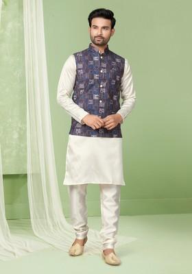 Multicolour Printed Silk Nehru Jacket Set For Men