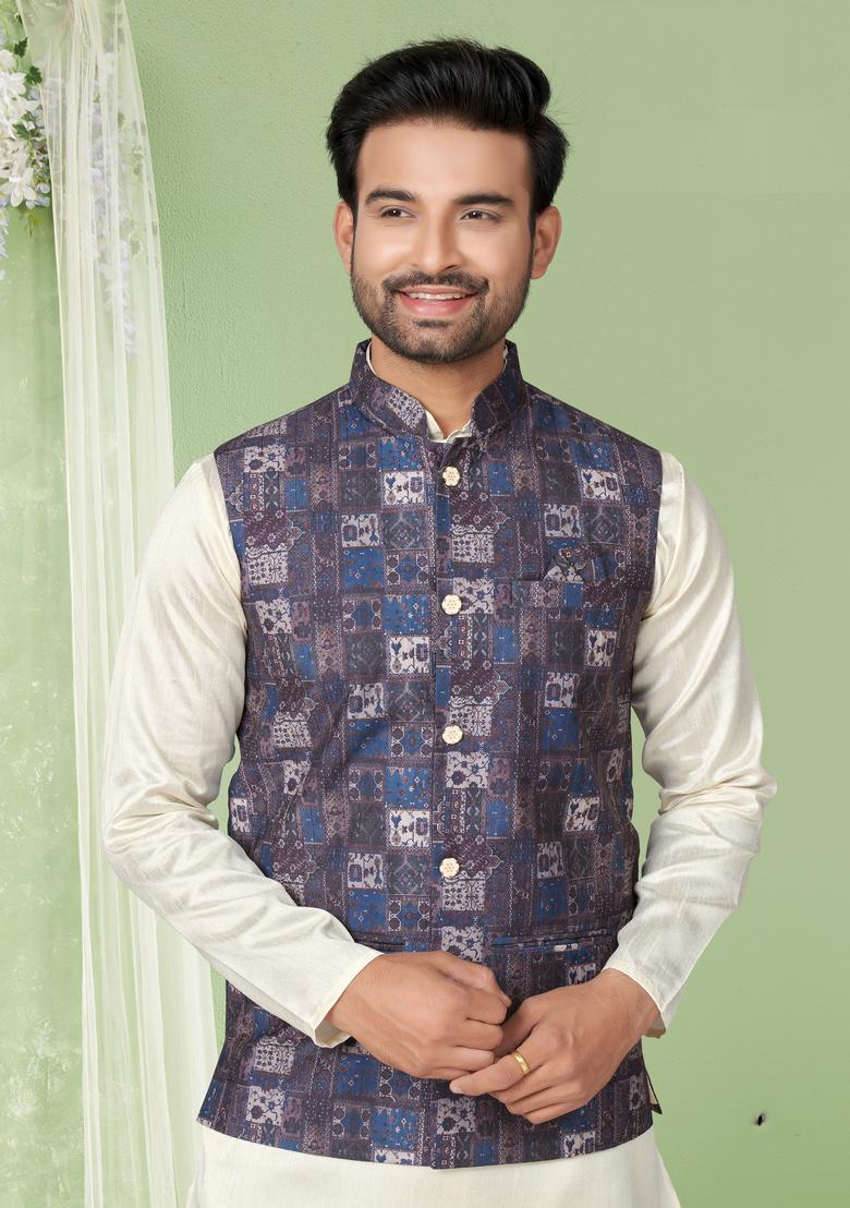Multicolour Printed Silk Nehru Jacket Set For Men