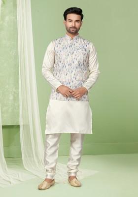 Multicolour Printed Silk Nehru Jacket Set For Men