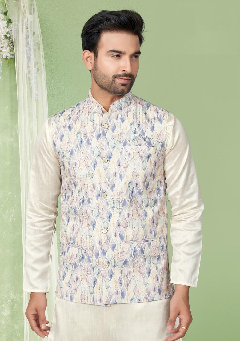 Multicolour Printed Silk Nehru Jacket Set For Men