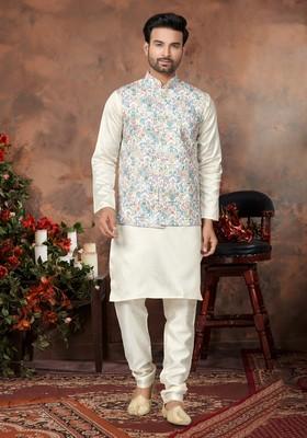 Multicolour Printed Silk Nehru Jacket Set For Men
