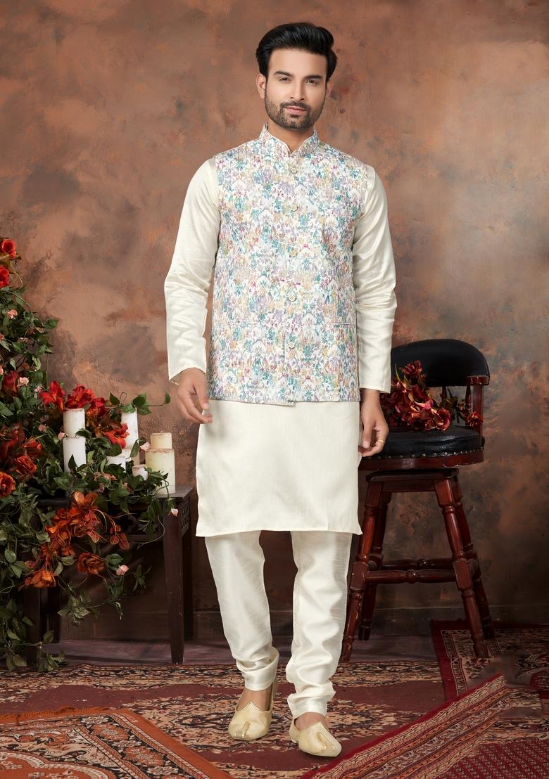 Multicolour Printed Silk Nehru Jacket Set For Men