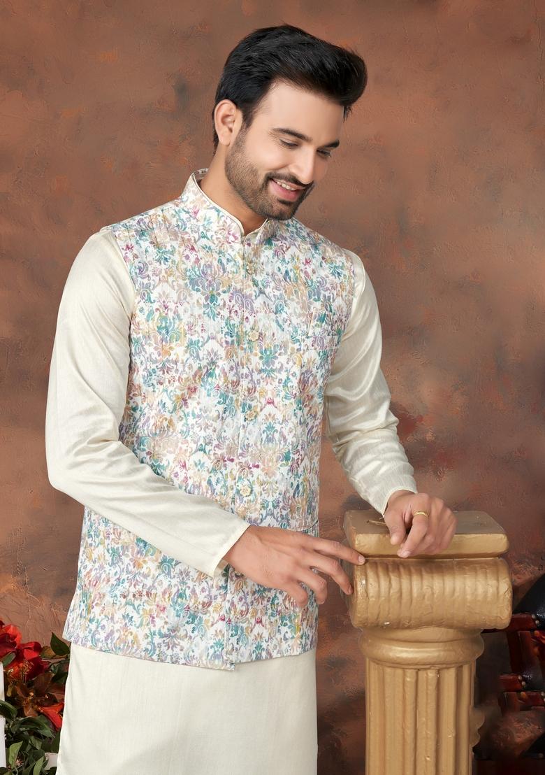 Multicolour Printed Silk Nehru Jacket Set For Men
