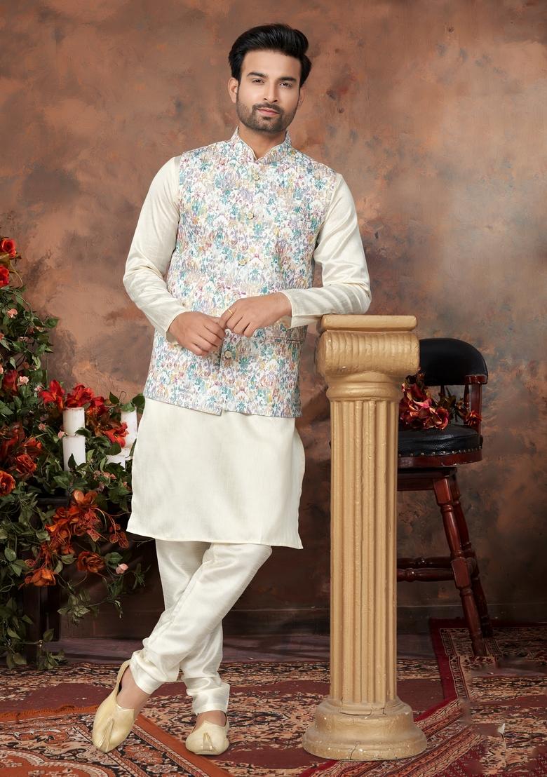 Multicolour Printed Silk Nehru Jacket Set For Men