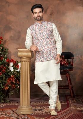 Multicolour Printed Silk Nehru Jacket Set For Men