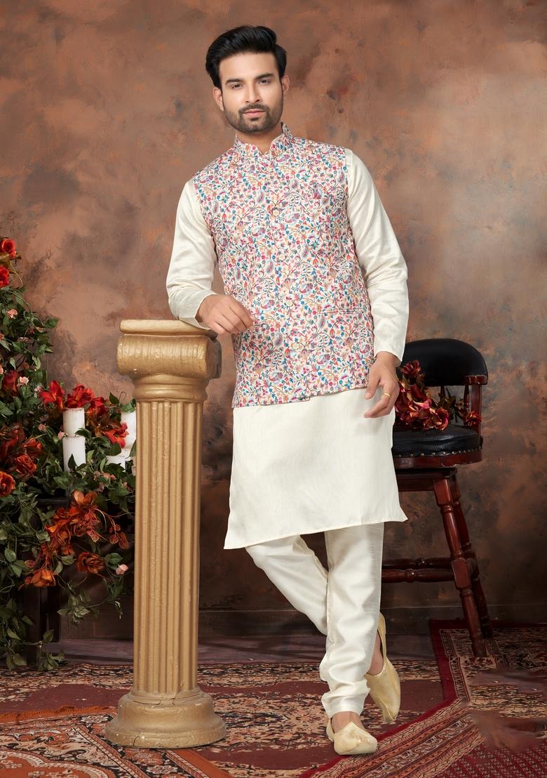 Multicolour Printed Silk Nehru Jacket Set For Men
