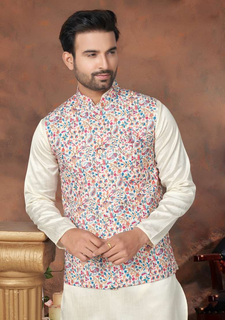 Multicolour Printed Silk Nehru Jacket Set For Men - Indya