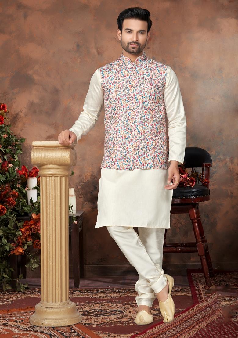 Multicolour Printed Silk Nehru Jacket Set For Men