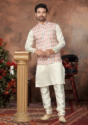 Multicolour Printed Silk Nehru Jacket Set For Men