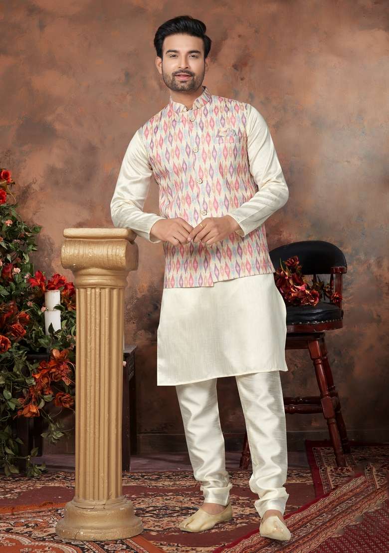 Multicolour Printed Silk Nehru Jacket Set For Men - Indya