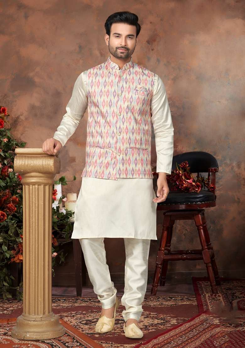 Multicolour Printed Silk Nehru Jacket Set For Men - Indya