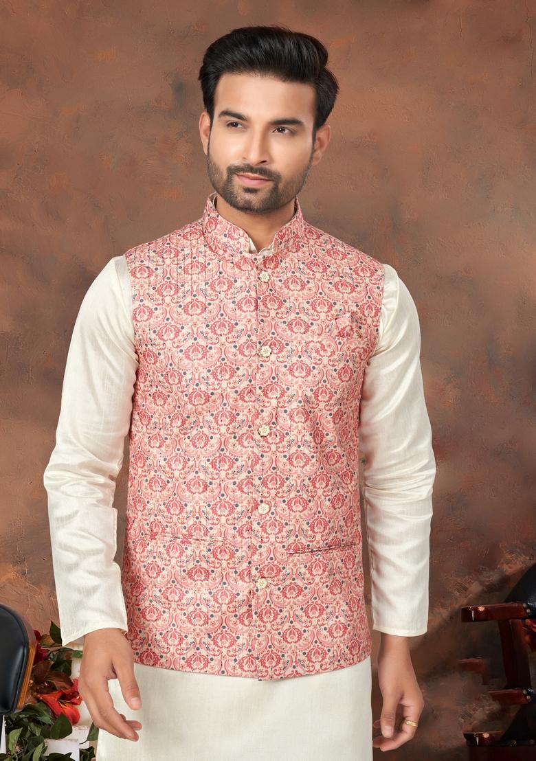 Pink Printed Silk Nehru Jacket Set For Men