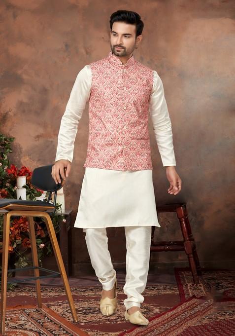 Pink Printed Silk Nehru Jacket Set For Men — view on Indya