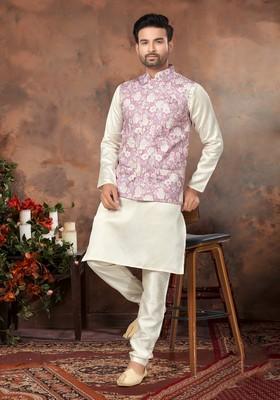 Purple Printed Silk Nehru Jacket Set For Men