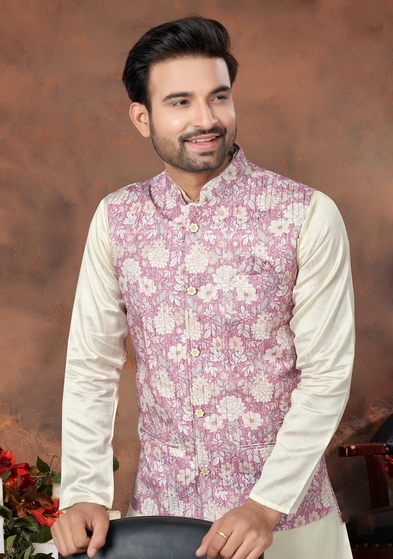 Purple Printed Silk Nehru Jacket Set For Men