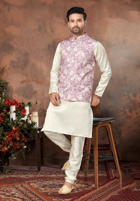 Purple Printed Silk Nehru Jacket Set For Men — view on Indya