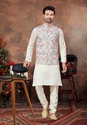 Multicolour Printed Silk Nehru Jacket Set For Men